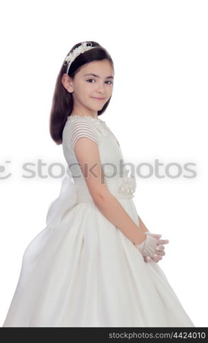 Adorable little girl dressed in communion isolated on white background