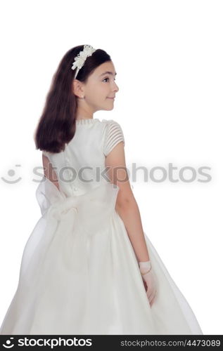 Adorable little girl dressed in communion isolated on white background