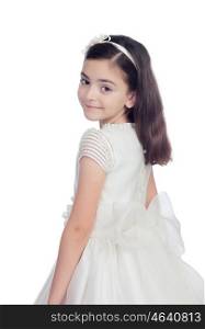 Adorable little girl dressed in communion isolated on white background