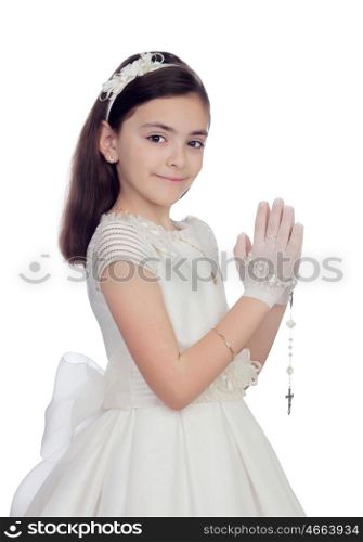 Adorable little girl dressed in communion isolated on white background