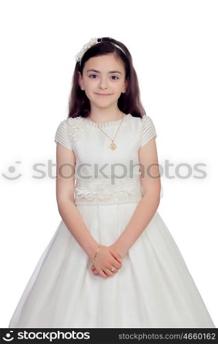 Adorable little girl dressed in communion isolated on white background &#xA;