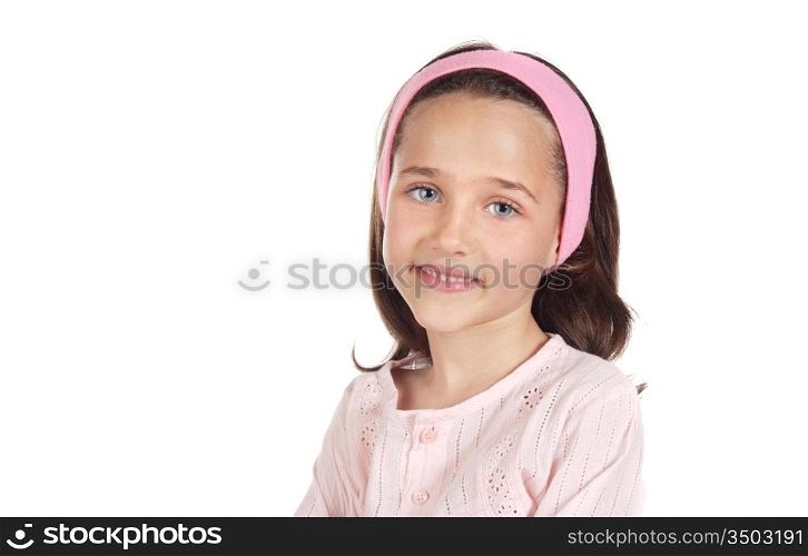 Adorable little girl dressed on pink isolated over white