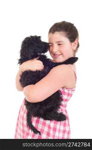adorable little girl getting a kiss from her dog (isolated on white background)