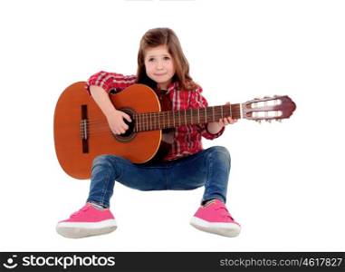 Adorable little girl playing guitar isolated on white background