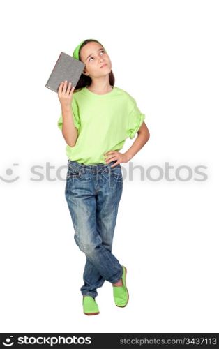 Adorable little girl reading a book isolated on white background