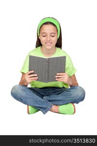 Adorable little girl reading a book isolated on white background