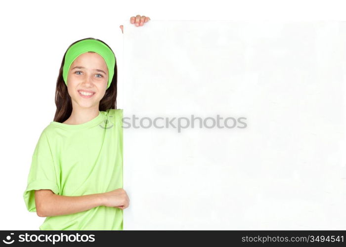 Adorable little girl with a blank poster isolated on white background