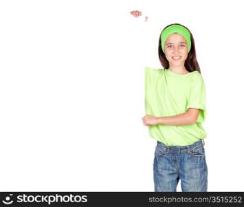 Adorable little girl with a blank poster isolated on white background