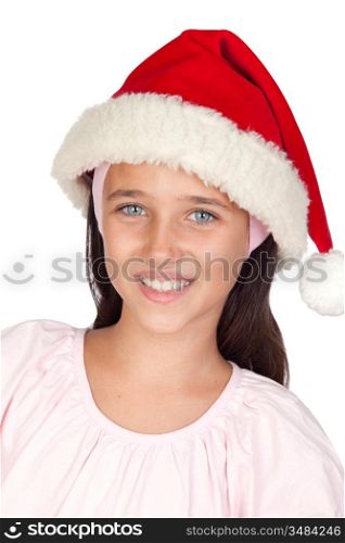 Adorable little girl with blue eyes and Christmas cup isolated on white background