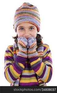 Adorable little girl with clothes for the winter isolated on white