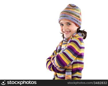 Adorable little girl with clothes for the winter isolated on white