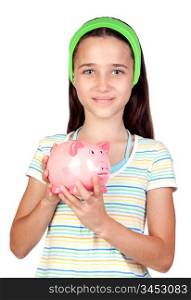 Adorable little girl with money-box isolated on white background