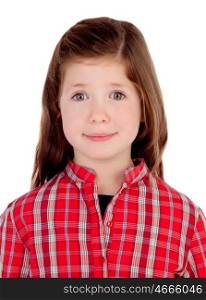 Adorable little girl with red plaid shirt isolated on a white background