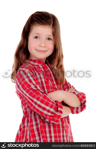 Adorable little girl with red plaid shirt isolated on a white background