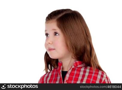 Adorable little girl with red plaid shirt looking at side isolated on a white background