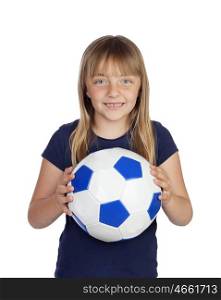 Adorable little girl with soccer ball isolated on white background