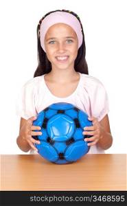 Adorable little girl with soccer ball isolated over white