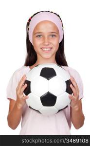 Adorable little girl with soccer ball isolated over white