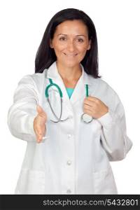 Adorable medical woman greeting isolated on a over white background with focus on the hand