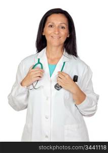 Adorable medical woman isolated on a over white background with focus on the hand