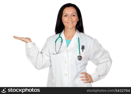 Adorable medical woman isolated on a over white background with focus on the hand