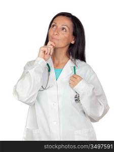 Adorable medical woman thinking isolated on a over white background with focus on the hand