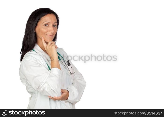 Adorable medical woman thinking isolated on a over white background with focus on the hand