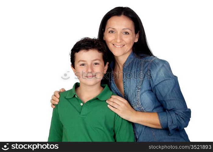 Adorable mother and her beautiful son isolated on white background
