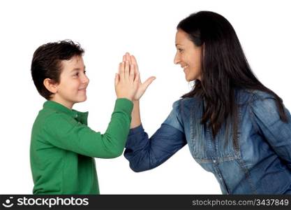 Adorable mother and her son making a handshake isolated on white background