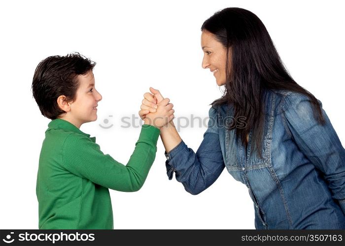 Adorable mother and her son making a handshake isolated on white background