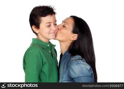 Adorable mother kissing her beautiful son isolated on white background