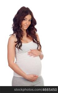 Adorable pregnant woman isolated on a white background