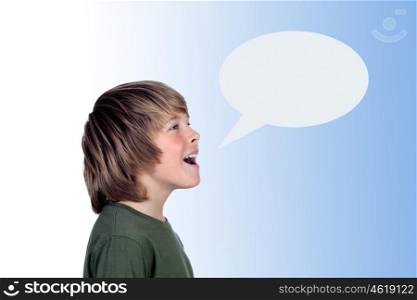 Adorable preteen boy shouting isolated on a over blue background