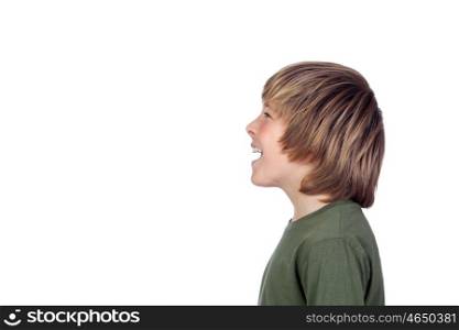 Adorable preteen boy shouting isolated on a over white background