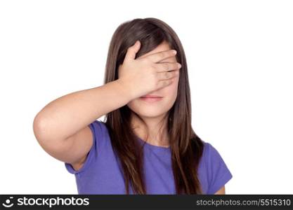 Adorable preteen covering her eyes on a white background