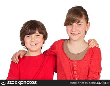 Adorable preteen girl and little gir in red isolated on white background