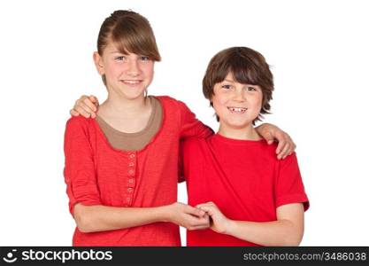 Adorable preteen girl and little gir in red isolated on white background