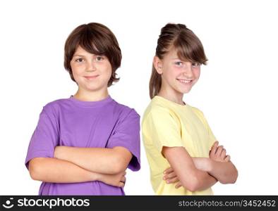 Adorable preteen girl and little gir isolated on white background