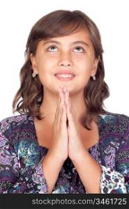 Adorable preteen girl praying isolated on white background