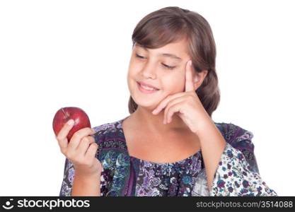 Adorable preteen girl with a apple thinking isolated on white background