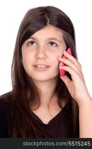 Adorable preteen girl with a mobile isolated on white background