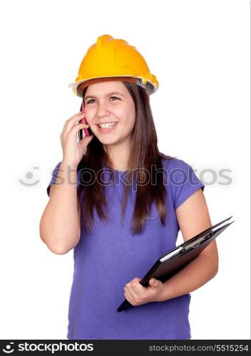 Adorable preteen girl with helmet and a mobile isolated on white background