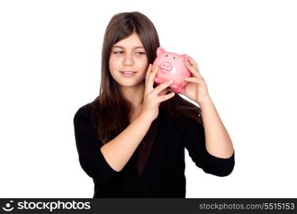 Adorable preteen girl with moneybox isolated on white background