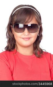 Adorable preteen girl with sunglasses isolated on white background
