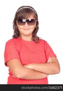 Adorable preteen girl with sunglasses isolated on white background