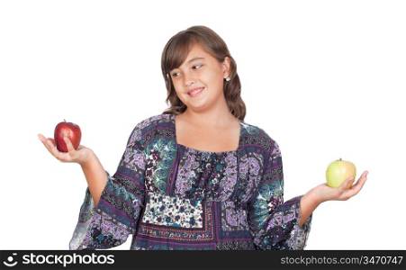 Adorable preteen girl with two differents apples isolated on white background