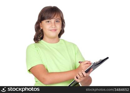 Adorable preteen girl writing on clipboard isolated on white background