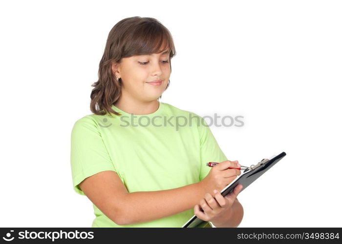 Adorable preteen girl writing on clipboard isolated on white background