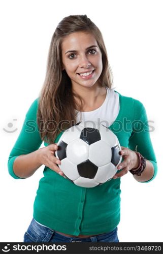 Adorable pretty girl with soccer ball isolated on a over white background