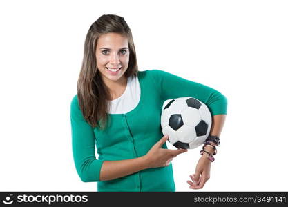 Adorable pretty girl with soccer ball isolated on a over white background